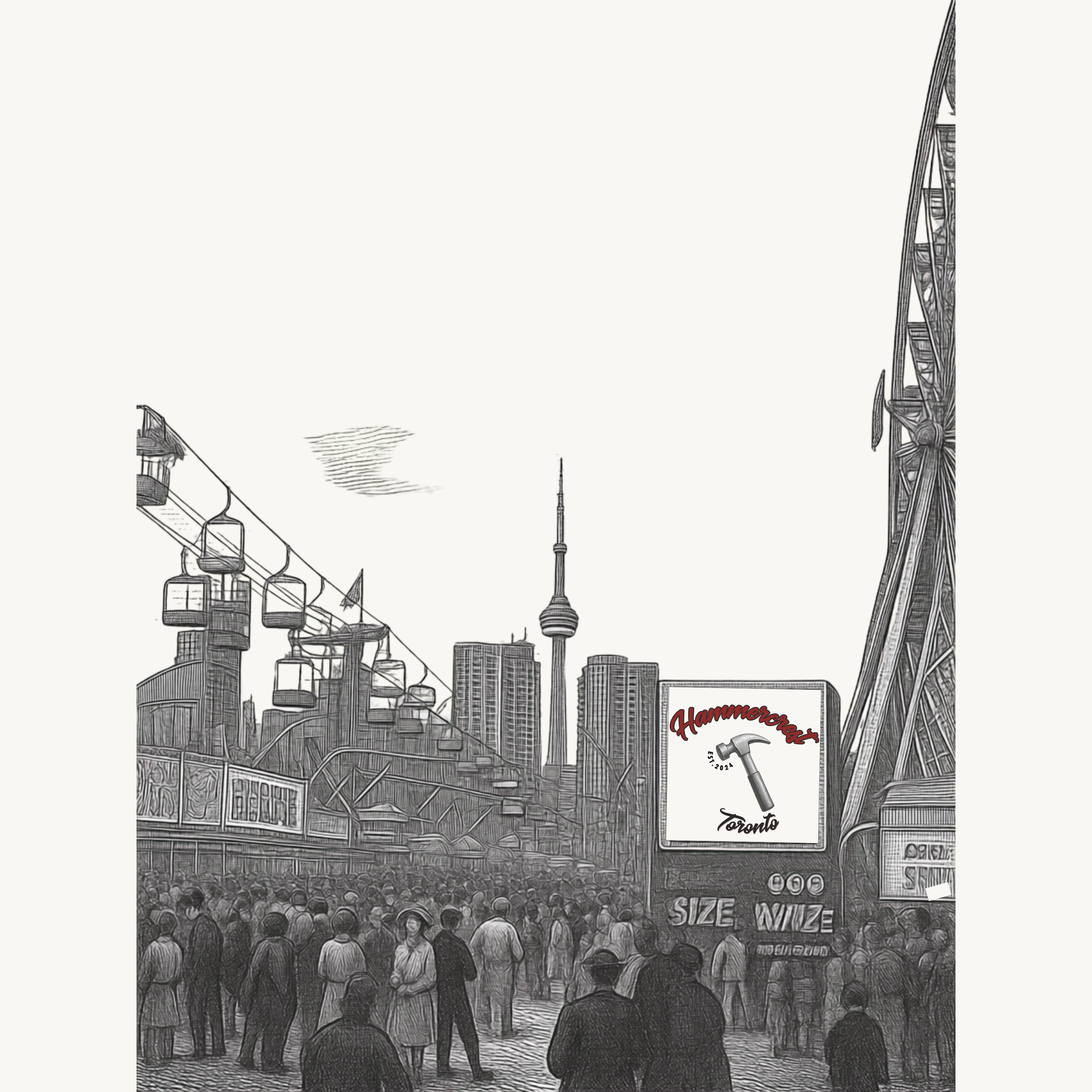 Pen and ink illustration of a Toronto fairground with Ferris wheel and a Hammercrest billboard