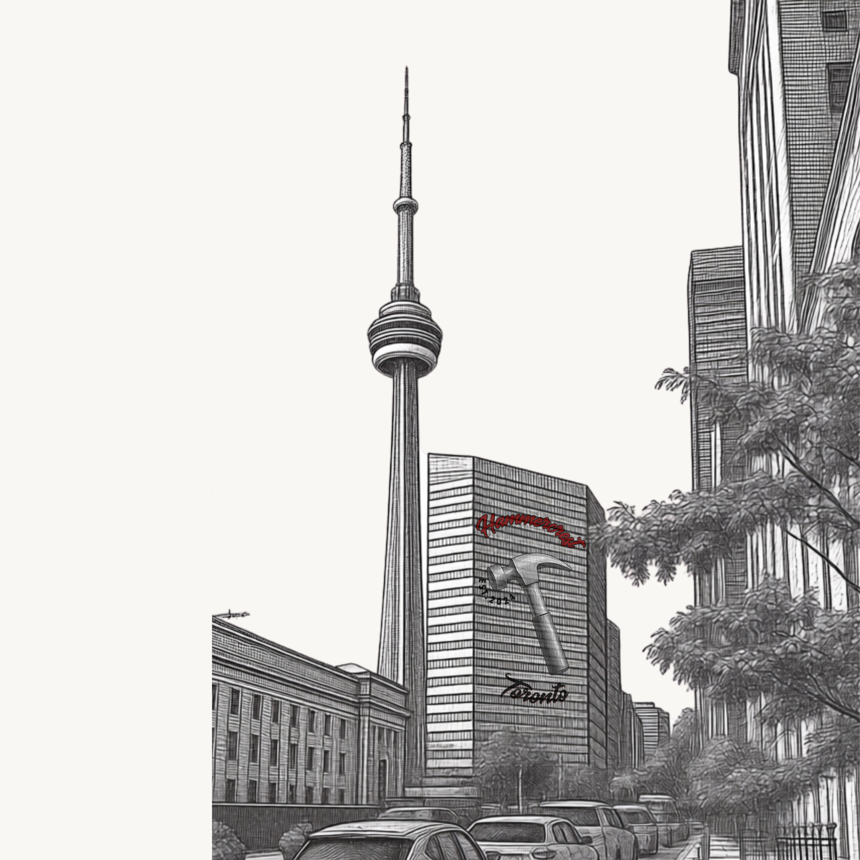 Pen and ink illustration of Toronto skyline with the CN Tower and a Hammercrest billboard